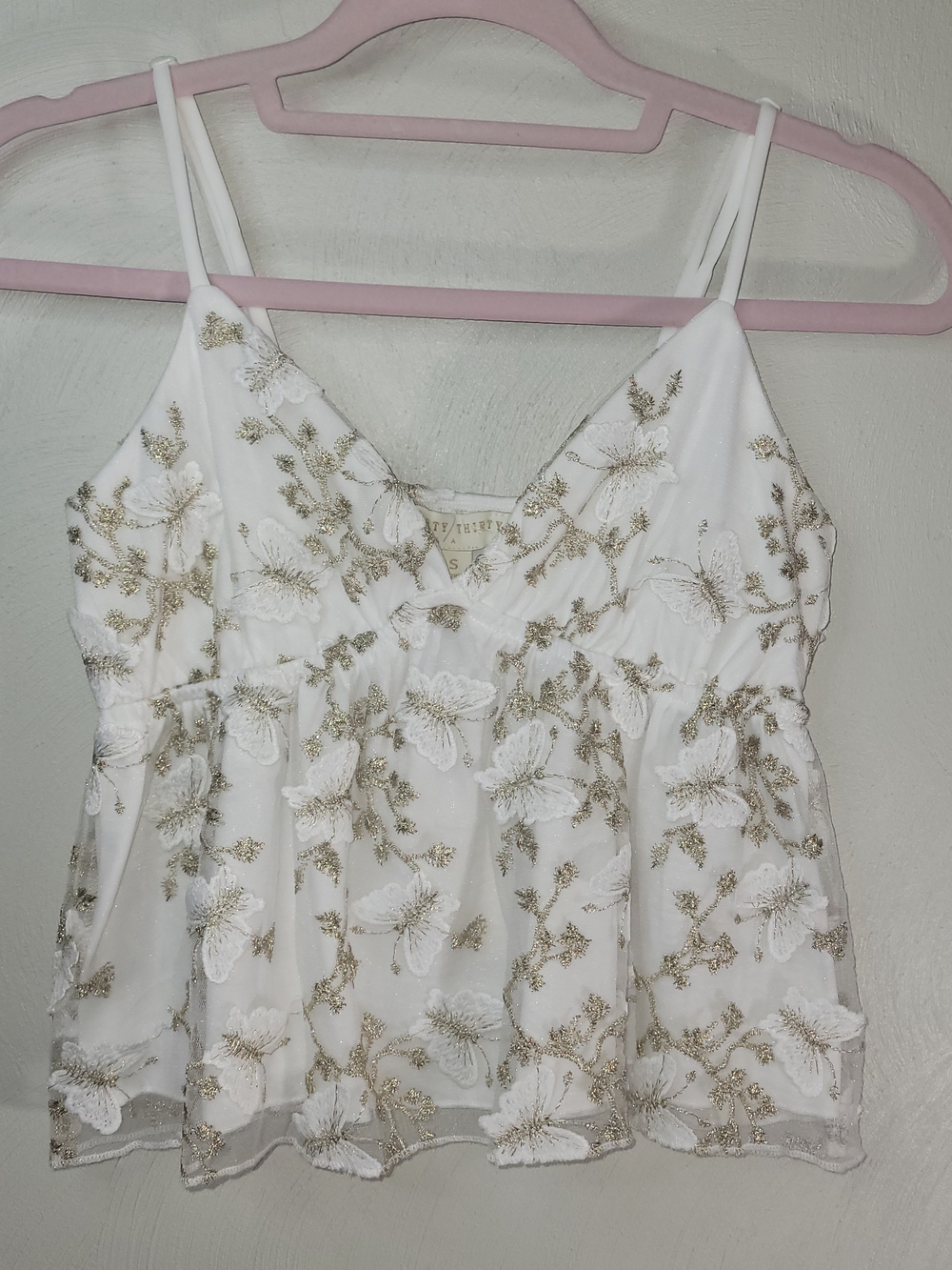NWT 30/30 White Floral Embroidered Gold-Accent Camisole Tank ‐ Size Small